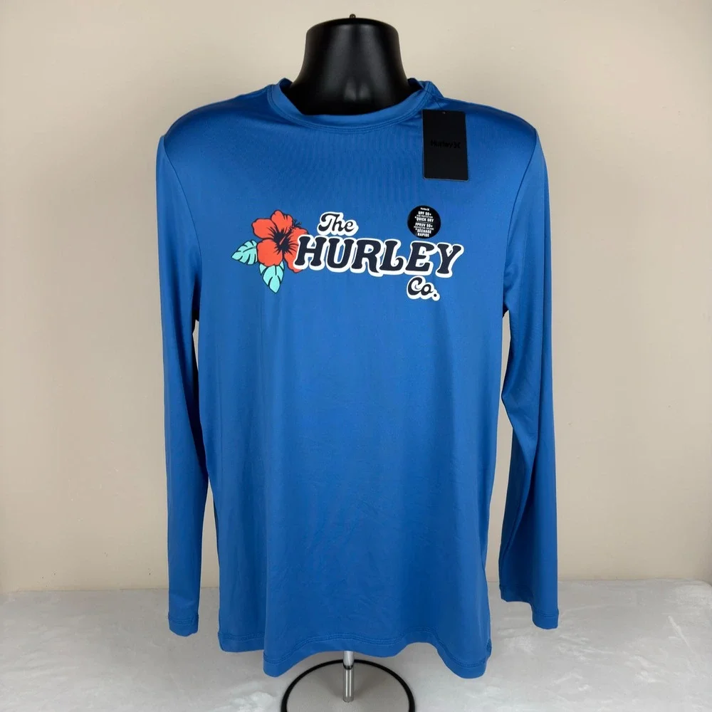 Hurley Mens Floral‎ LS Sunshirt Seaview Blue UPF 50+ Rash Guard Medium New